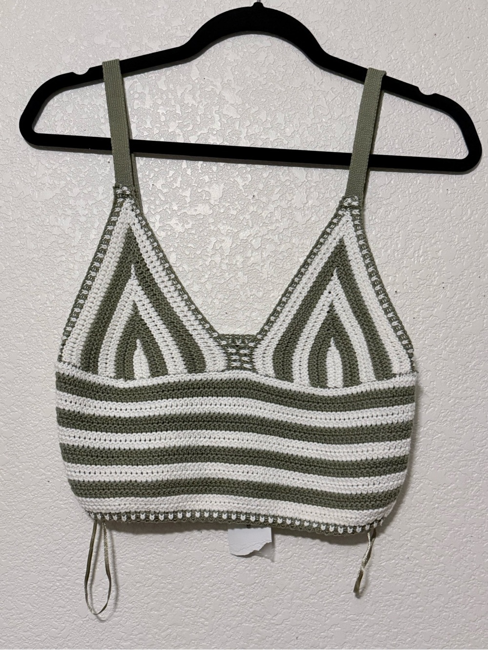 Crochet Stripe Bralette Top - Olive Green & White 0178